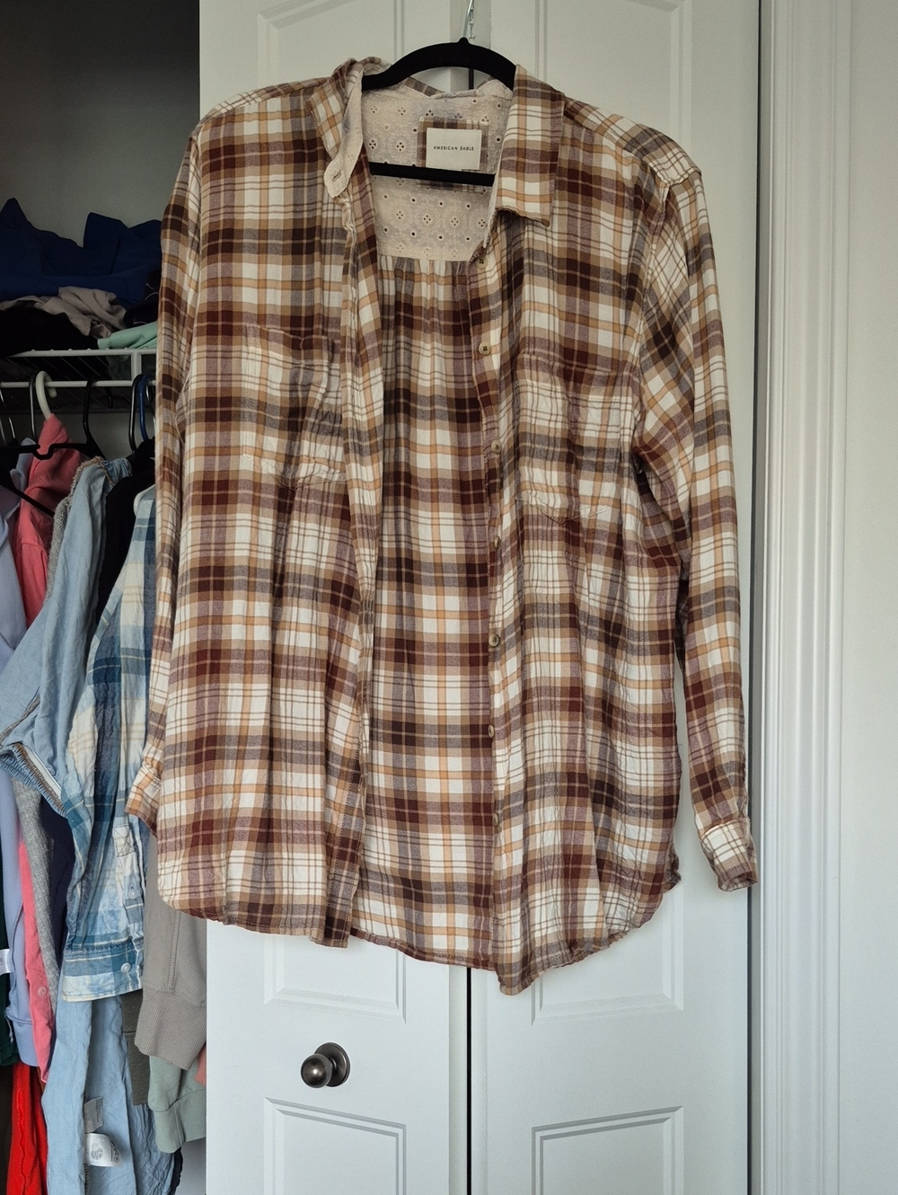 Button-Front Plaid Women's Top in Brown and Cream American Eagle Xl
